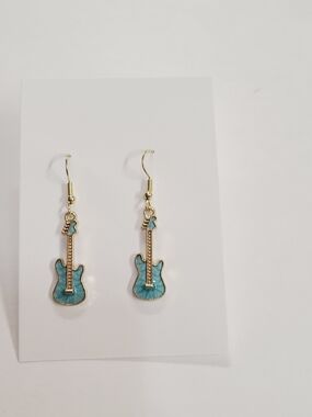 Gold-Tone Teal Guitar Dangle Earrings